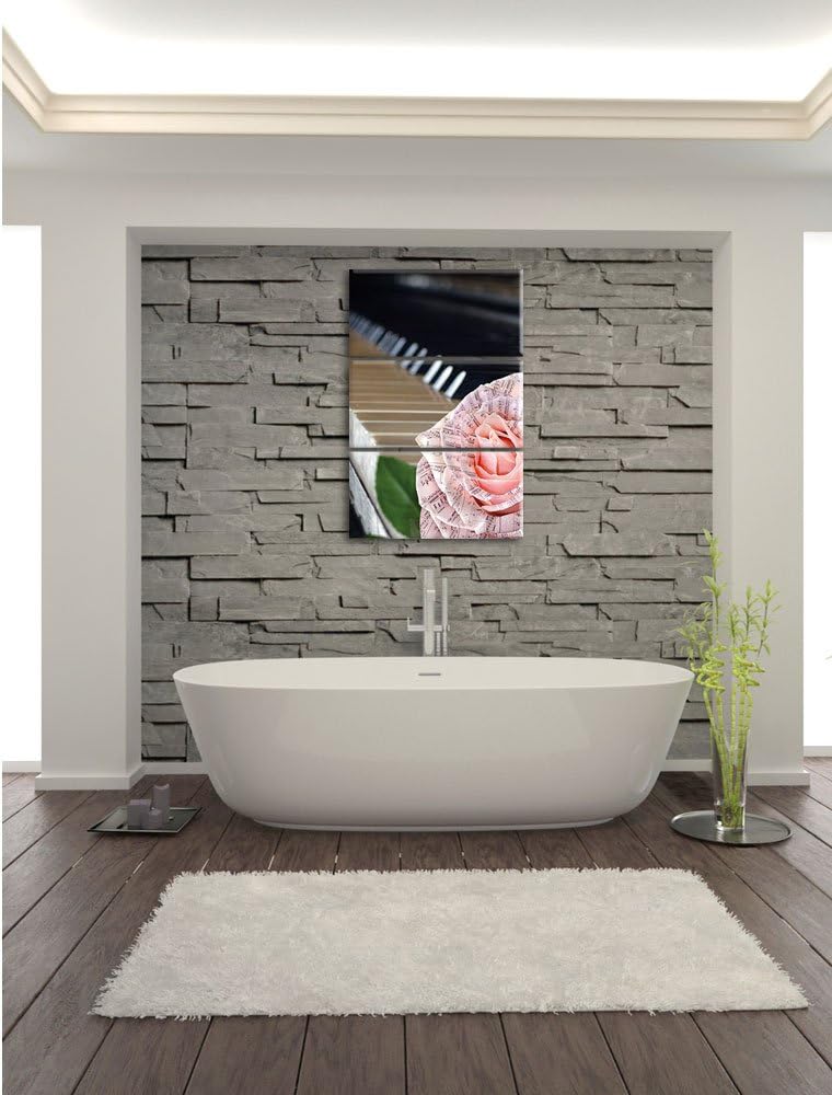 Pixxprint Noten auf zarter Rose neben Klavier 3-Teiler Leinwandbild 120x80 Bild auf Leinwand