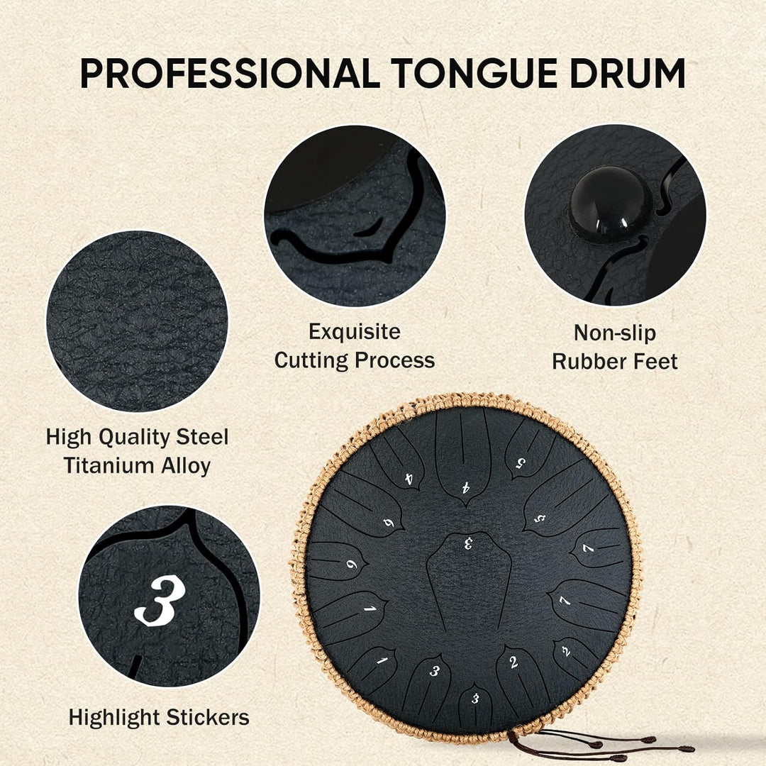 Musfunny Steel Tongue Drum, 12 Zoll 15 Tone Zungentrommel Handpan Trommel, D-Dur Steel Pan Töne Schl