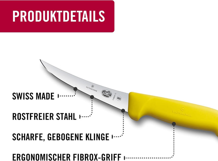 Victorinox Fibrox Ausbeinmesser, Scharfes Küchenmesser für Fleisch und Fisch, 12 cm, Gebogene Klinge