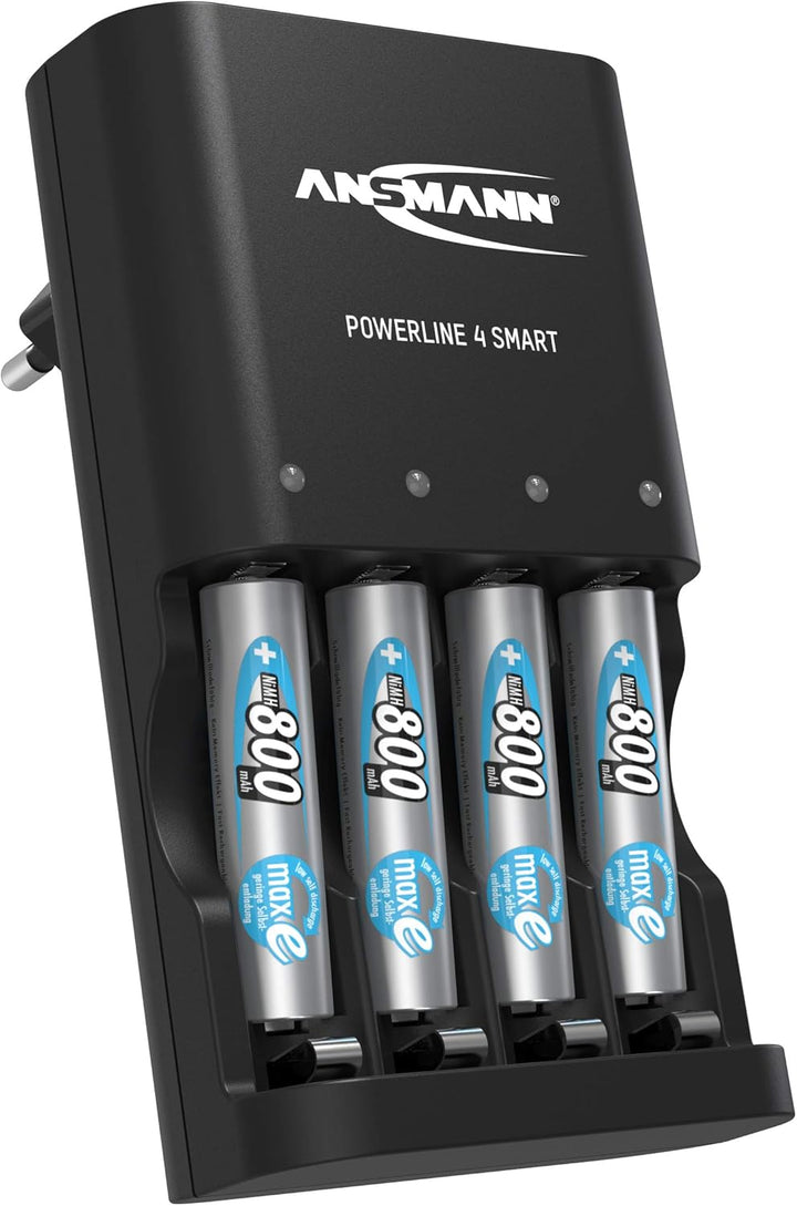 ANSMANN Akkuladegerät mit Repair Modus inkl. 4x 800 mAh NiMH AAA Akkus – Automatik Ladegerät für 4x