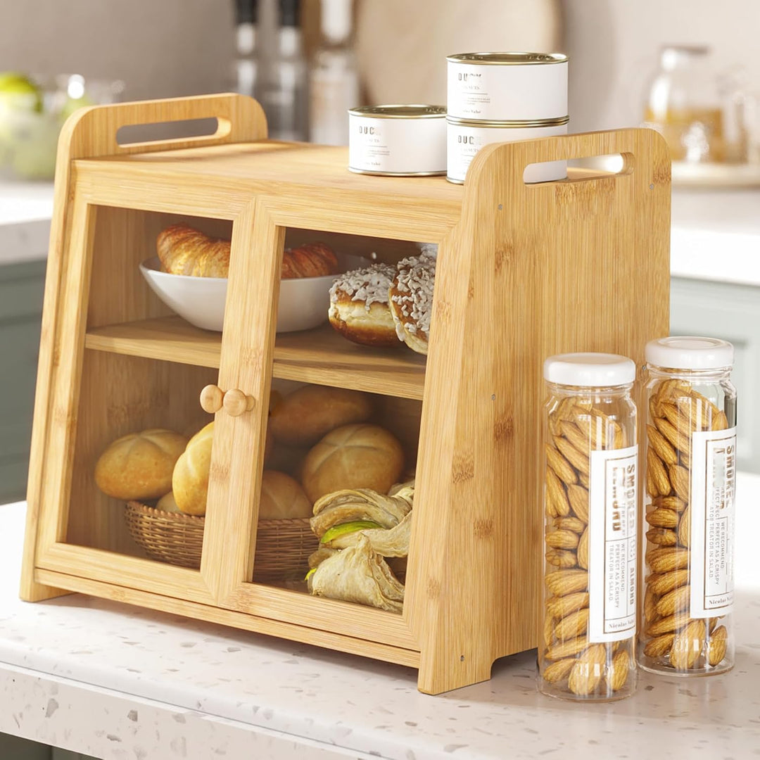 AMBIRD Bambus Brotkasten 20L - Grosse Kapazität mit klaren Acryl-Türen - Doppelschichtige Brot-Lager