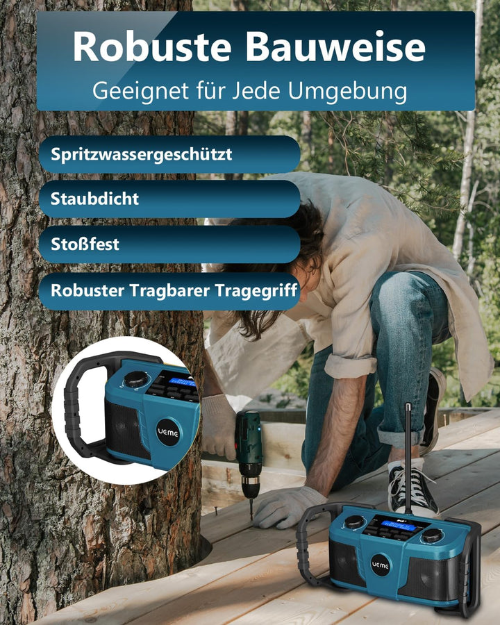 UEME DAB Plus Radio Baustellenradio Mit Akku,Outdoor Radio Mit Bluetooth, DAB+, FM Und Aux, Inklusiv