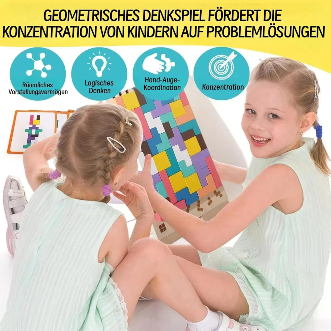 Tetris Holzpuzzle Kinder, Holz Tetris Stapelpuzzle Spielzeug mit 10 Karten, 3D Bunt Tetris Blöcke St