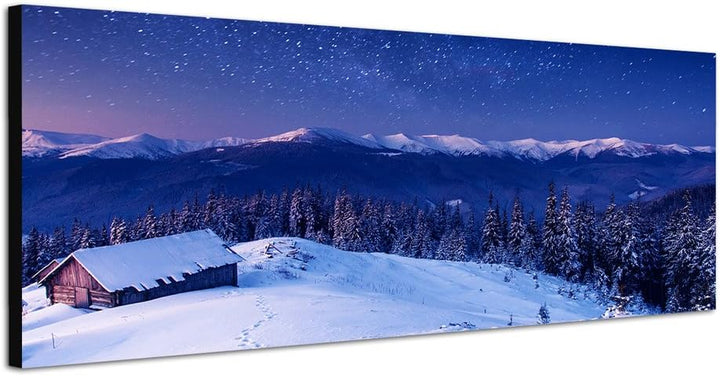 Paul Sinus Art Panoramabild auf Leinwand und Keilrahmen 150x50cm Ukraine Wald Berge Schnee Hütte Mil