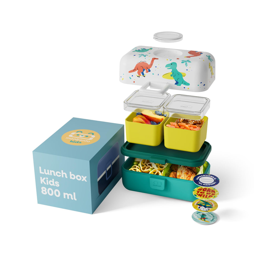 MONBENTO - Lunchbox Kinder MB Tresor blau Dino - Brotdose Kinder mit 3 Fächern - Ideal für Mittagess