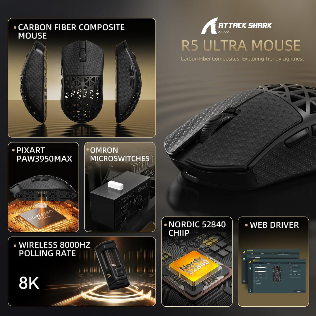 ATTACK SHARK R5 Ultra Carbonfaser Gaming-Maus, 39g Superlight, 8000Hz Kabellose Mouse, 42000 DPI, PA
