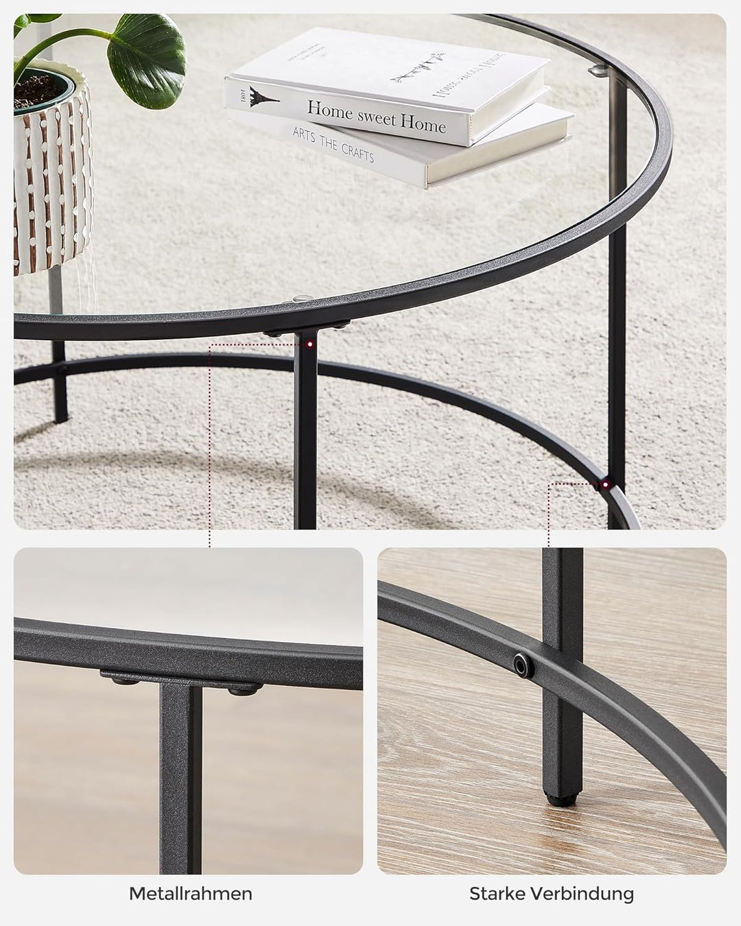 VASAGLE Runder Couchtisch, Ø 84 cm, Wohnzimmertisch mit Stahlgestell, Salontisch, Beistelltisch, sch