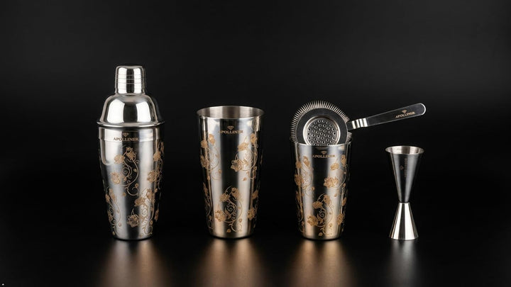 apolliner, Cocktailshaker, Professional Cocktail Shaker Set, Stainless Steel, 16 Pieces, Wooden Carr