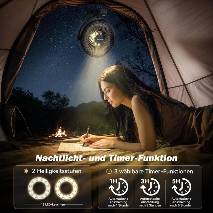 10000mAh Clip-On Ventilator mit Fernbedienung,3 Geschwindigkeiten USB Ventilator Akku mit Timer&LED-