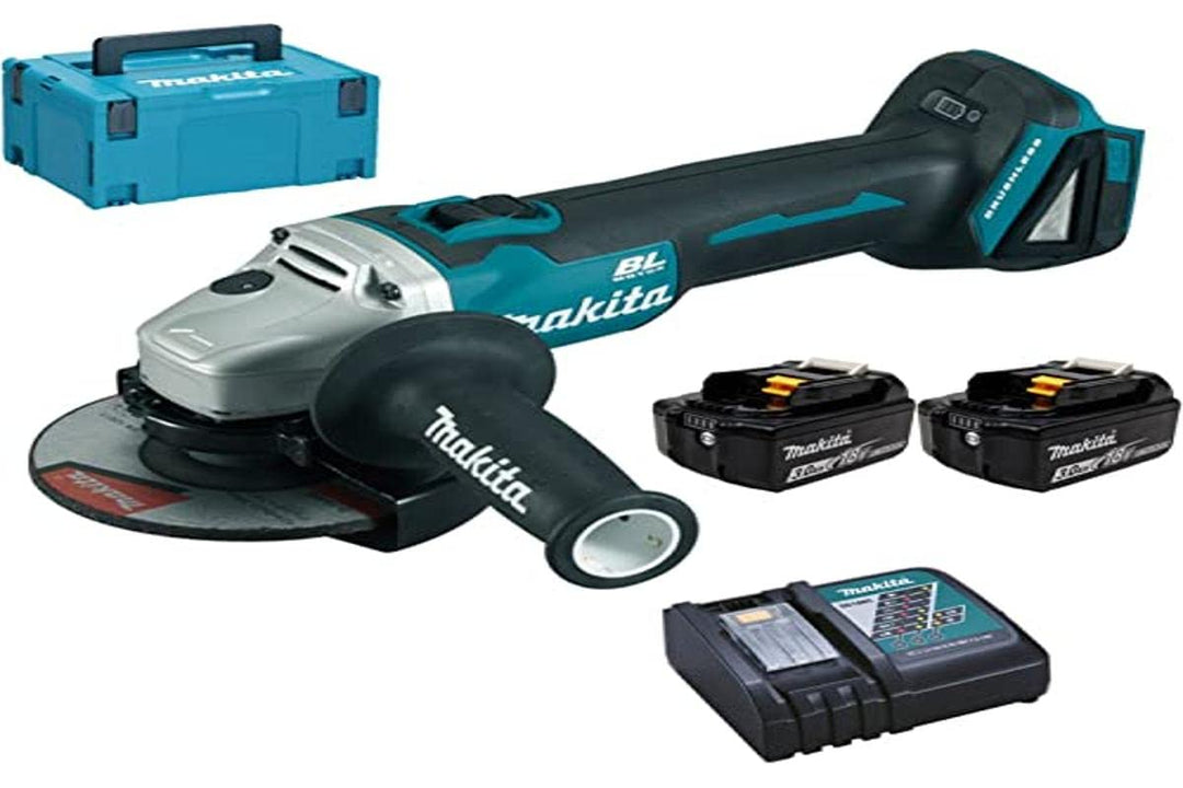 Makita DGA504RFJ Winkelschleifer 125 mm + 2 Akkus 18 V 3 Ah Li-Ion + Koffer Makpac, blau
