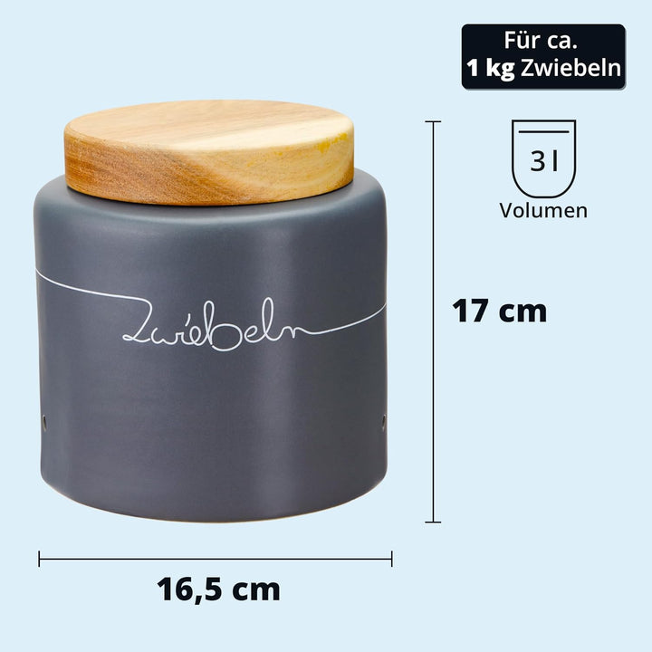 KHG Zwiebel Aufbewahrung Keramik Steingut poliert Anthrazit Grau Holz-Deckel Bambus, 3,2 Liter oder