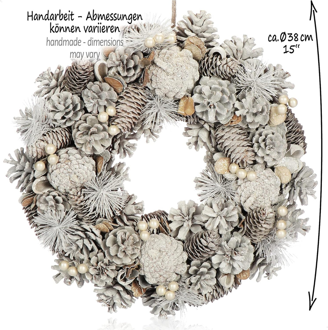COM-FOUR® Türkranz für Weihnachten - weisser Adventskranz mit vielen Zapfen und Beeren - Dekokranz -