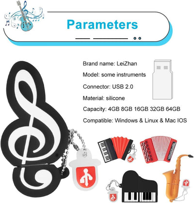 32GB*5 USB-Stick USB-Flash-Laufwerk Akkordeon*2/Saxophon/Klavier/Note, Memory Stick Cartoon Speicher
