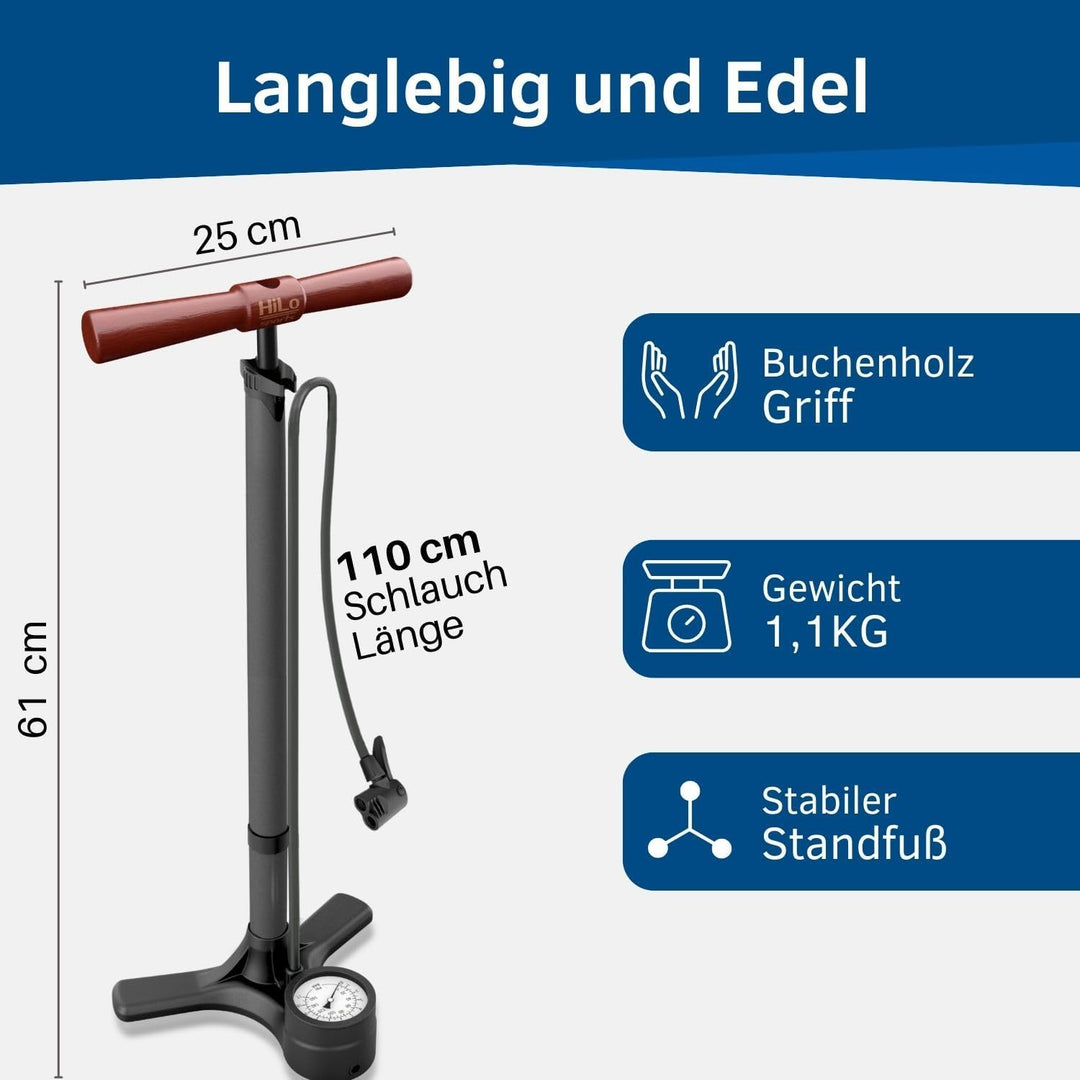 HiLo sports Fahrrad Standpumpe bis 11 bar - [Passt für alle Ventile] - Standluftpumpe mit Holz Griff