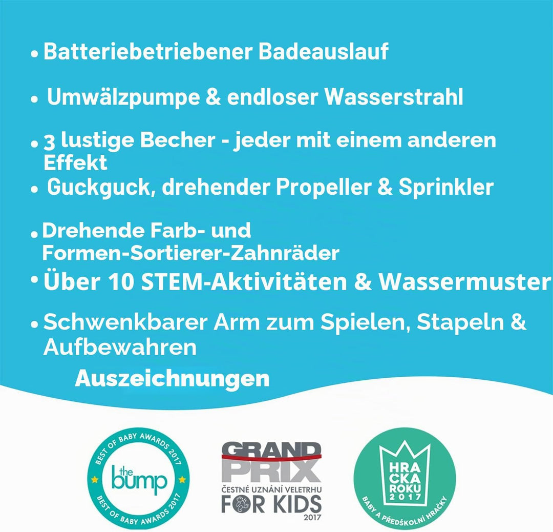 Yookidoo Bay Bath Badespielzeug (1–3 J.) – 3 stapelbare Becher, drehende Zahnräder, Schlauch & Ausla