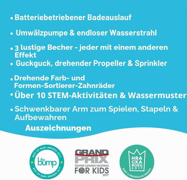 Yookidoo Bay Bath Badespielzeug (1–3 J.) – 3 stapelbare Becher, drehende Zahnräder, Schlauch & Ausla