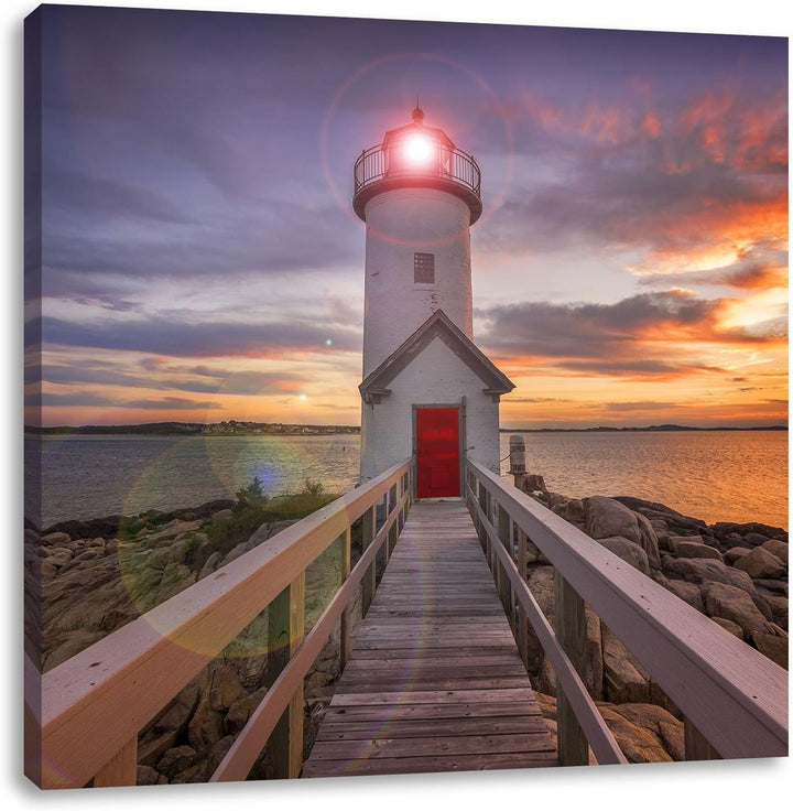 Pixxprint Leuchtturm bei Sonnenuntergang als Leinwandbild | Grösse: 70x70 cm | Wandbild | Kunstdruck