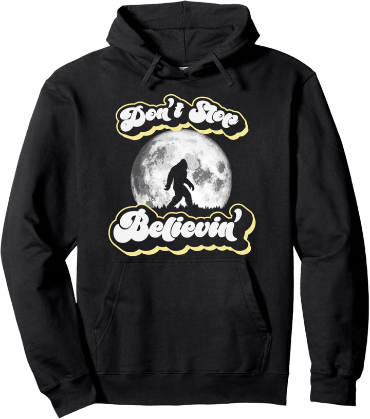 Don't Stop Believin'! Bigfoot Retro Full Moon & Trees Pullover Hoodie