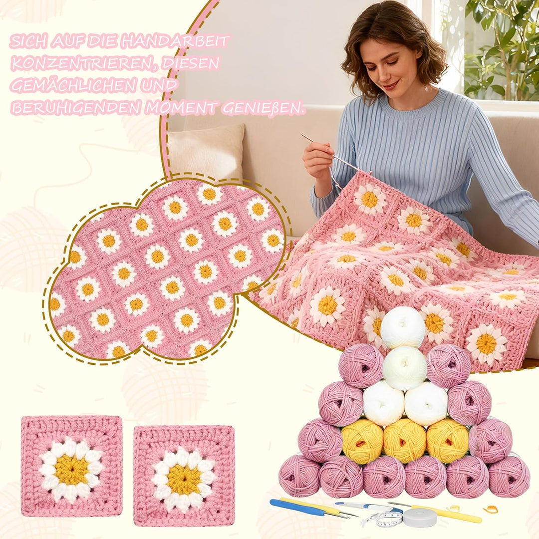 CZCMYAU Häkelset für Anfänger,Komplettes Häkeldeckensatz für Erwachsene,Granny Square Decke Häkelsta