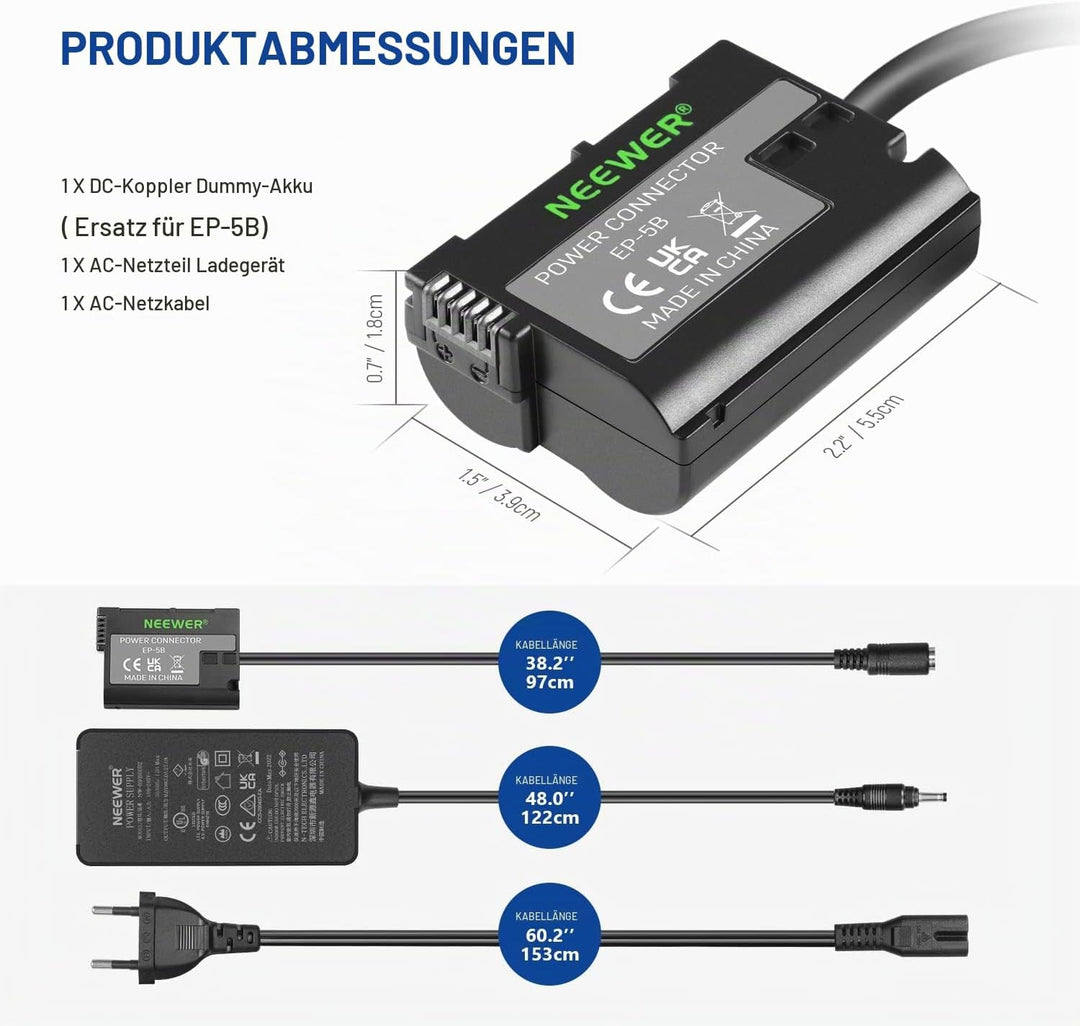 NEEWER Virtueller Batterie mit AC/DC Koppler, ersetzt die Stromversorgung des EP~5B/EN~EL15, kompati