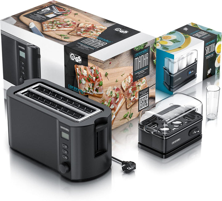 Arendo - SET Toaster MANHA mit Eierkocher SIXCOOK Edelstahl Schwarz, Toaster 4 Scheiben, LED-Display