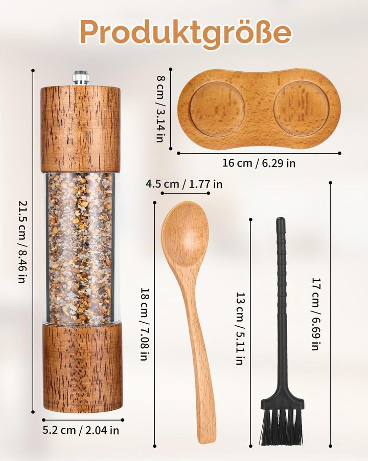 Salz und Pfeffermühle Holz 2er Set, Gewürzmühle mit Keramikmahlwerk, Salz und Pfefferstreuer mit unt