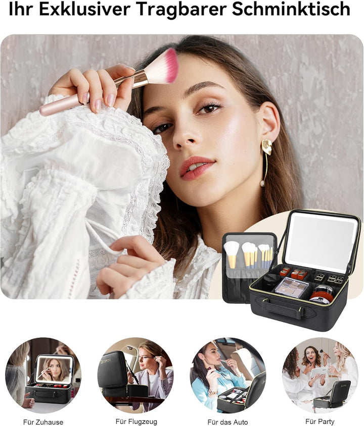 JUSRON Make-up Tasche mit Spiegel-3 Farben LED Licht, Reise Kosmetiktasche mit LED Spiegel, Tragbare