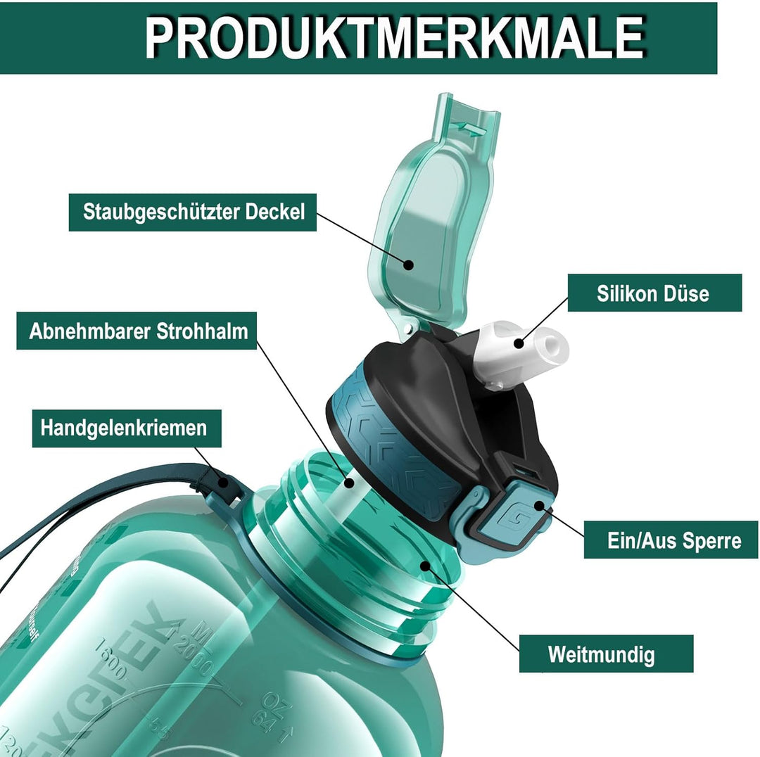 2 Liter Trinkflasche, BPA Frei, Trinkflasche Gym mit Zeitmarkierung, für Fitnessstudio, Büro, Outdoo