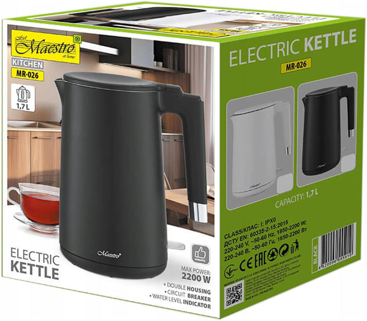 Maestro MR-026 Elektrischer Wasserkocher 1.7L 1800W | Beleuchteter Ein/Aus-Schalter | Material: Edel