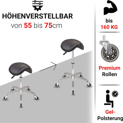 Staboos Rollhocker bis 160 kg - Sattelsitz mit Gel Polster - Praxishocker (Premium Rollen) Drehhocke