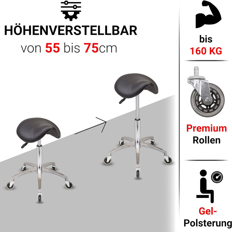Staboos Rollhocker bis 160 kg - Sattelsitz mit Gel Polster - Praxishocker (Premium Rollen) Drehhocke