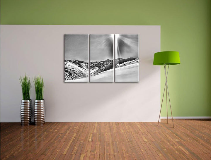 Pixxprint Monocrome, Schnee Berge 3-Teiler Leinwandbild 120x80 Bild auf Leinwand