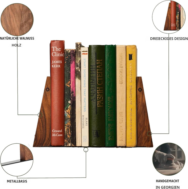 TILISMA Buchstützen für Regale – Handgefertigte Buchstützen aus Holz mit Metallsockel, Walnussbaum –
