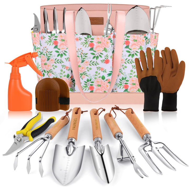 YAUNGEL Gartenwerkzeug Set, 10 Stück Schwerlast Edelstahl Gartenarbeit Kit mit Non-Slip Holzgriff- G