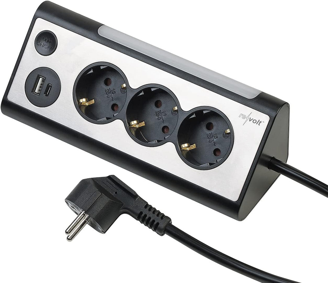 revolt Mehrfachstecker: 3-Fach-Steckdose mit LED-Nachtlicht, 1x USB A QC, 1x USB C PD, schwarz (Ecks