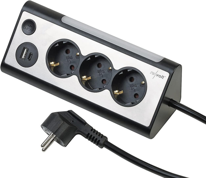 revolt Mehrfachstecker: 3-Fach-Steckdose mit LED-Nachtlicht, 1x USB A QC, 1x USB C PD, schwarz (Ecks