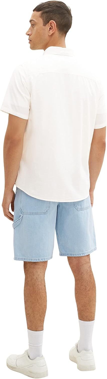TOM TAILOR Herren Chambray Kurzarm-Hemd mit Brusttasche S 10332 - Off White, S 10332 - Off White