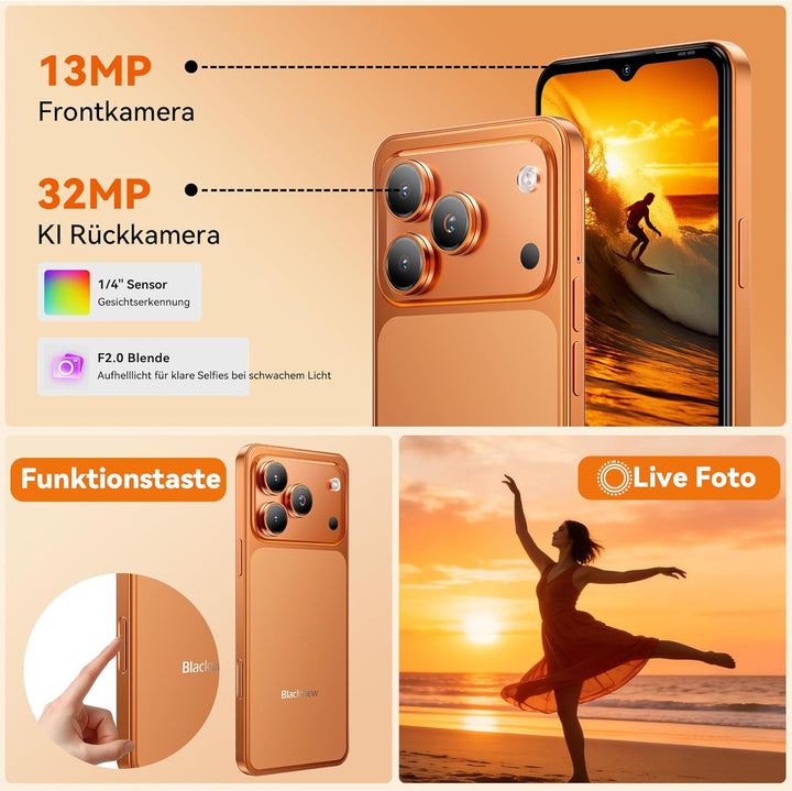 Blackview Wave 7C Smartphone Ohne Vertrag, Android 16 Smartphones 32MP+13MP KI Kamera, 16GB+64GB/2TB