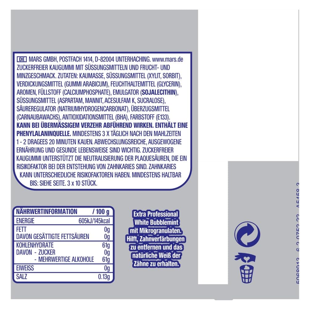 Extra Professional White Bubblemint, Zuckerfreier Kaugummi, Multipack mit 20x30 Dragees, Für frische