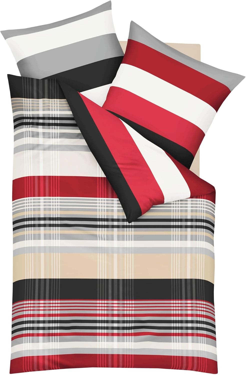 Kaeppel Biber Bettwäsche Set Prime Time Rot Schwarz Weiss Streifen, Grösse:240x220cm Bettwäsche, 240