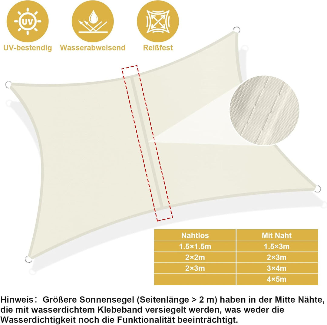 Shade&Beyond Sonnensegel Wasserdicht Rechteckig 2 x 3 m Wetterschutz Sonnenschutz Sunsegel PES-Polye