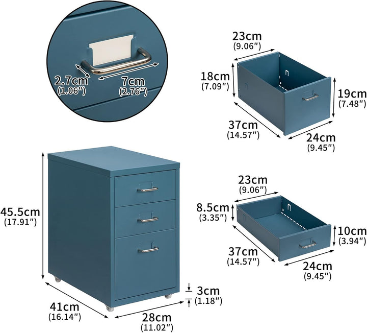 HollyHOME Mobiler Aktenschrank mit 3 Schubladen, rollbarer Aktenordner unter dem Schreibtisch, Aufbe