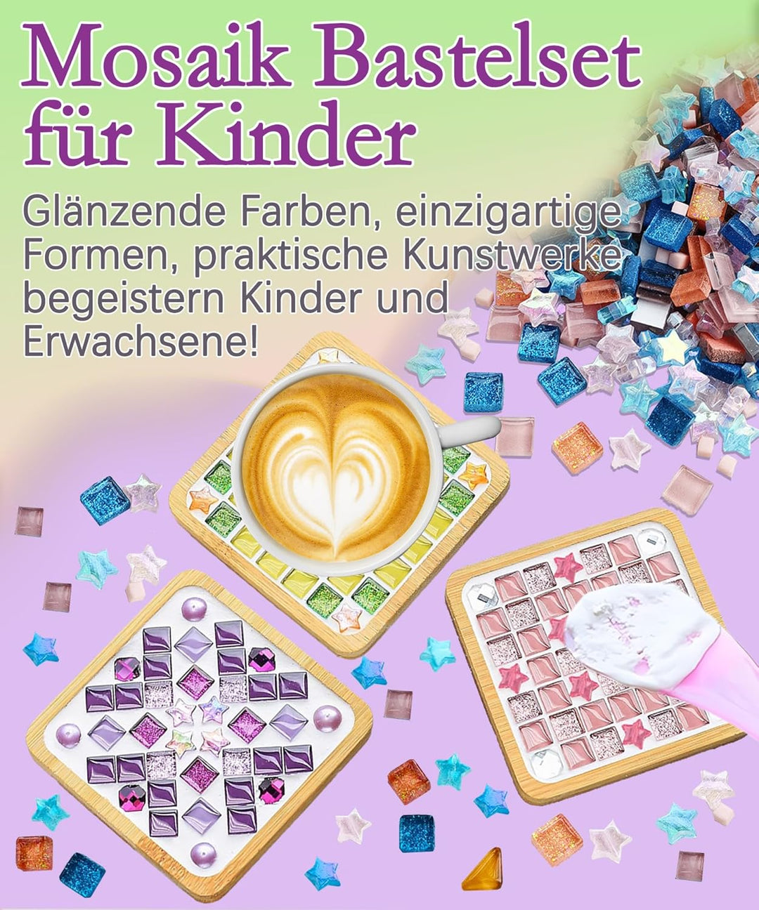Finsink Mosaik bastelset kinder 8pcs mosaik untersetzer bastelset diy holz untersetzer Set Mosaikste