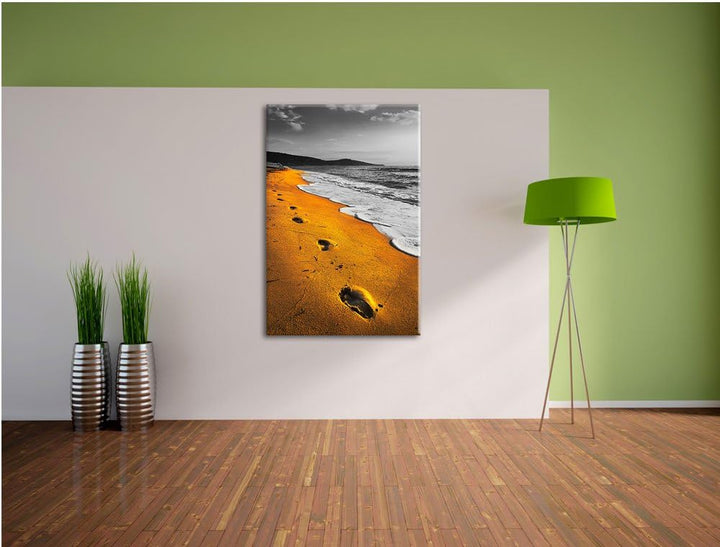 Spuren Im Sand am weiten Meer schwarz/weiss Format: 100x70 auf Leinwand, XXL riesige Bilder fertig g