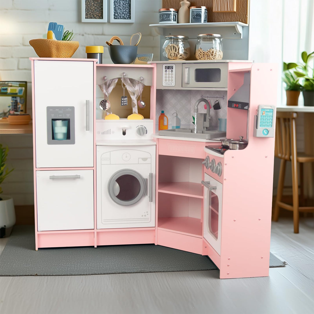 Rosa Hölzerne Kinderküche, Kinderspielküche mit Spüle Herd Backofen, Holzküche Spielzeugküche, Spiel