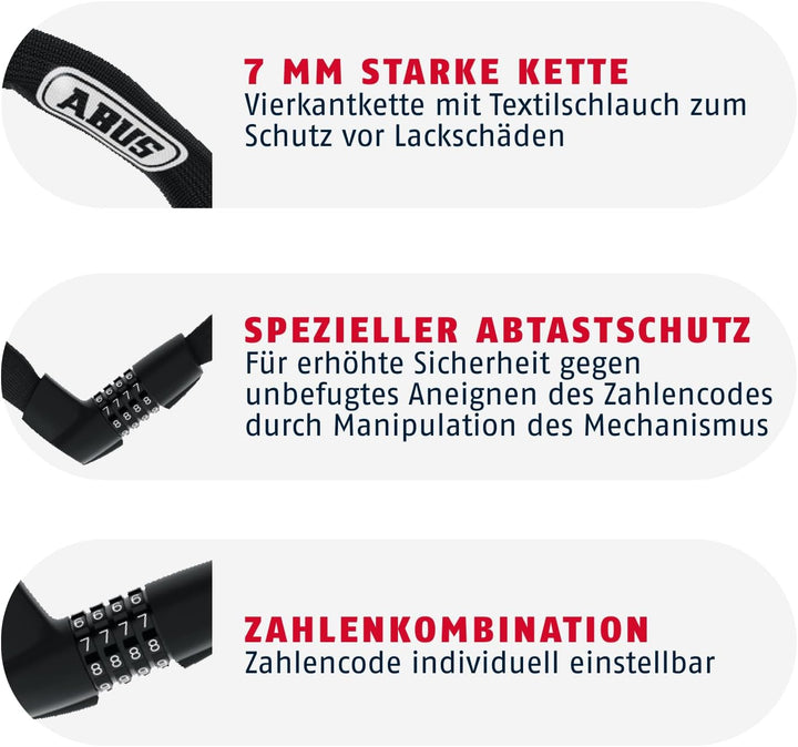 ABUS Kettenschloss Tresor 1385 – Zahlenschloss aus gehärtetem Stahl – 7 mm starke Vierkantkette – AB