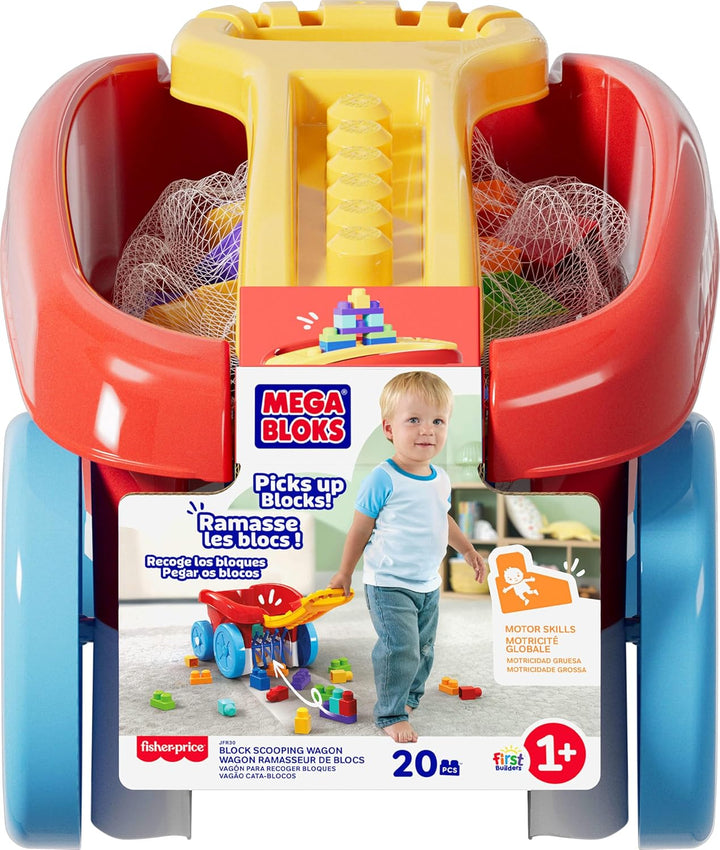 MEGA BLOKS Spielbausteine für Kleinkinder, Baustein-Ziehwagen mit 20 Teilen und integriertem Staufac