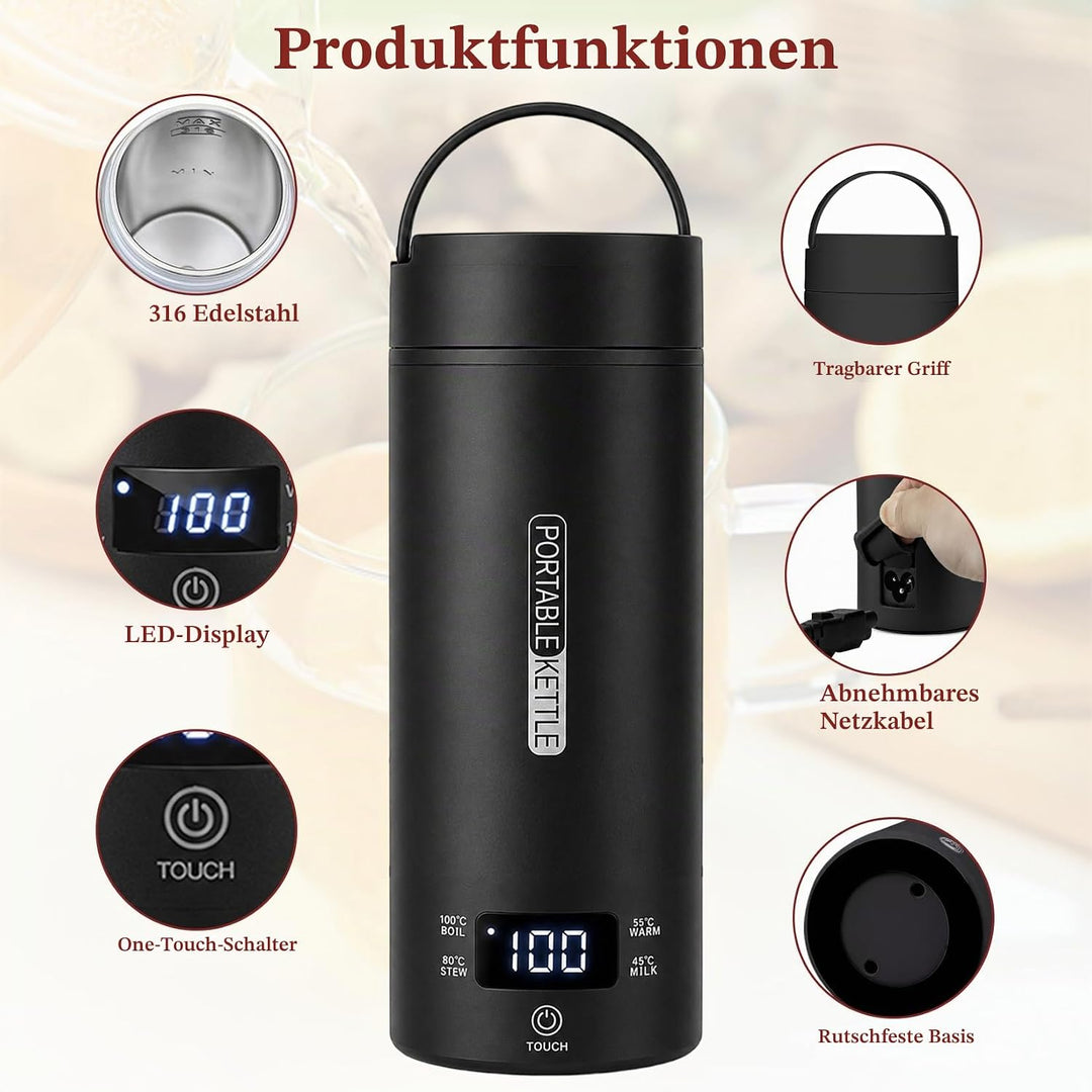 Herbst Reisewasserkocher Klein 500ML, Tragbarer Reise Wasserkocher mit Temperatureinstellung, Portab