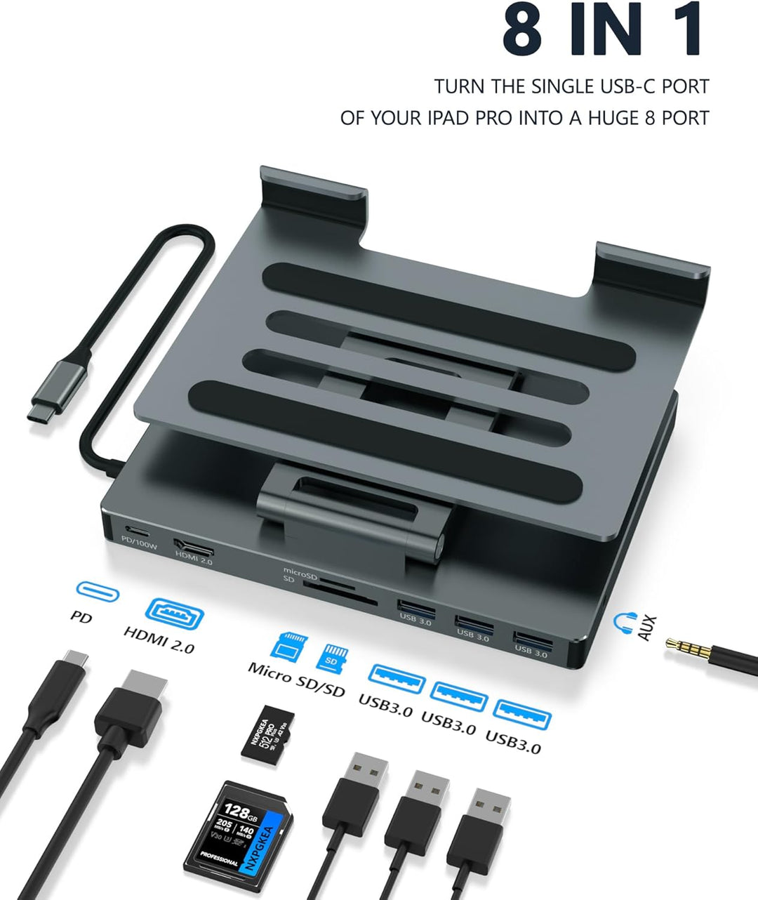 iPad Pro USB C Hub Stand, Adapter for iPad Pro M5 M3 M4 13 12.9 11 Inch iPad Air Docking Station 4K