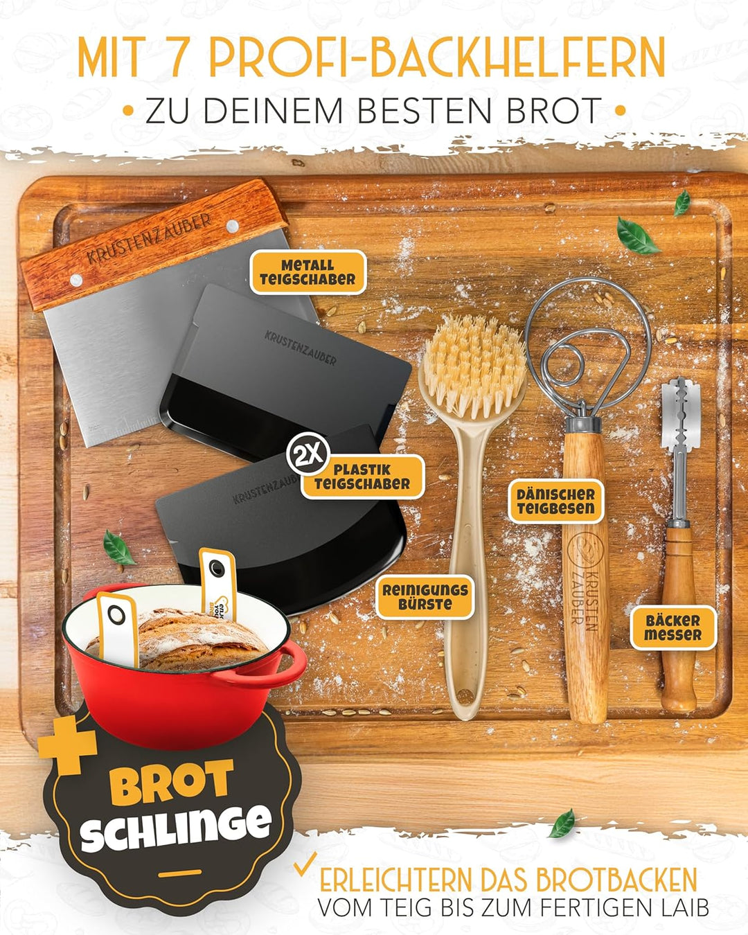 KRUSTENZAUBER Gusseisen Topf Brot Backen emailliert im XXL Set - Brotbackform mit Deckel inkl Gärkor